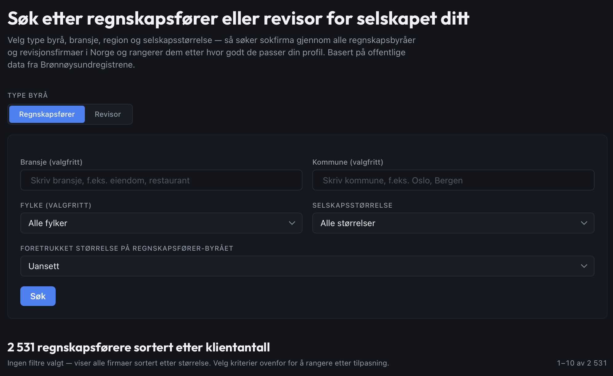 Matchmaker-skjema med felt for kommune, bransje og selskapsstørrelse, og rangerte resultater under