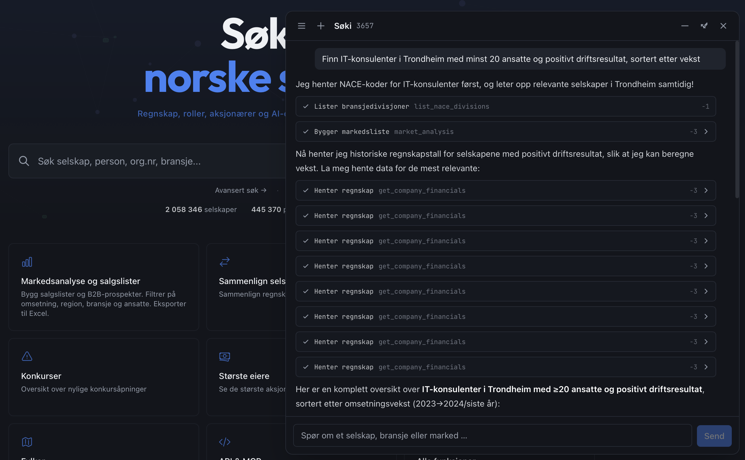 Søki AI-chat åpen med en spørring om norske selskaper og strukturert svar med data