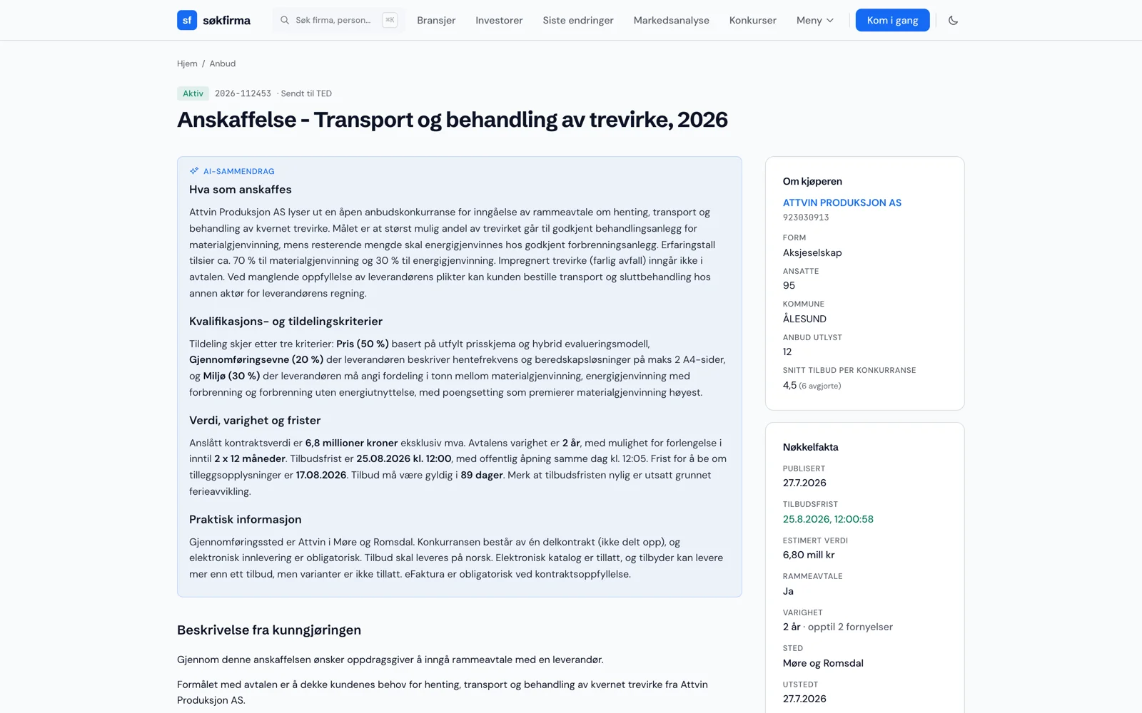 Anbudsside med AI-sammendrag, tildelingskriterier med vekting og nøkkelfakta