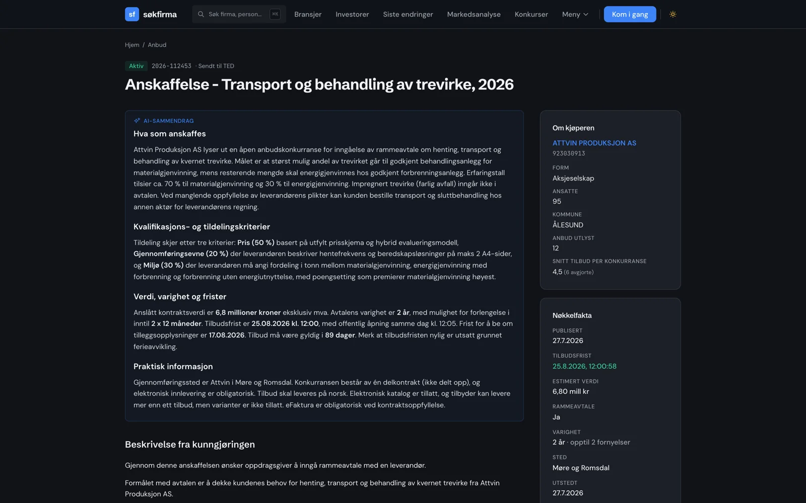 Anbudsside med AI-sammendrag, tildelingskriterier med vekting og nøkkelfakta