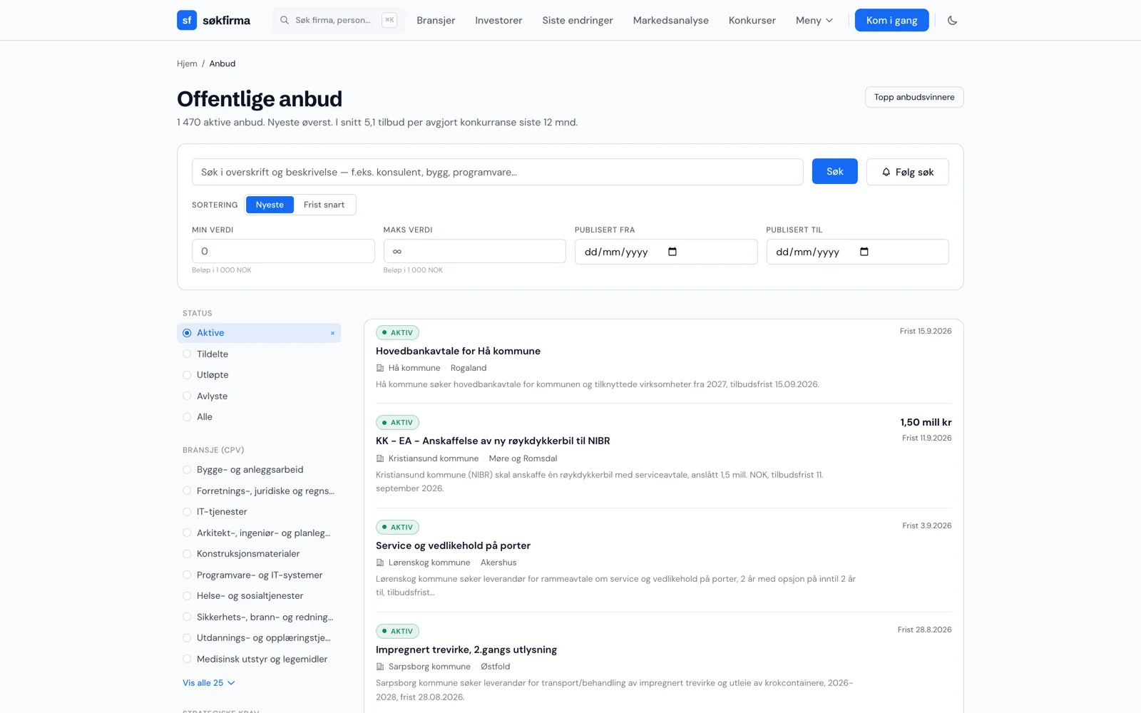 Anbudssøk med statusfilter, bransjefilter og aktive konkurranser