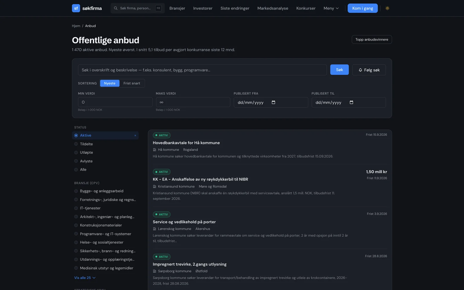 Anbudssøk med statusfilter, bransjefilter og aktive konkurranser
