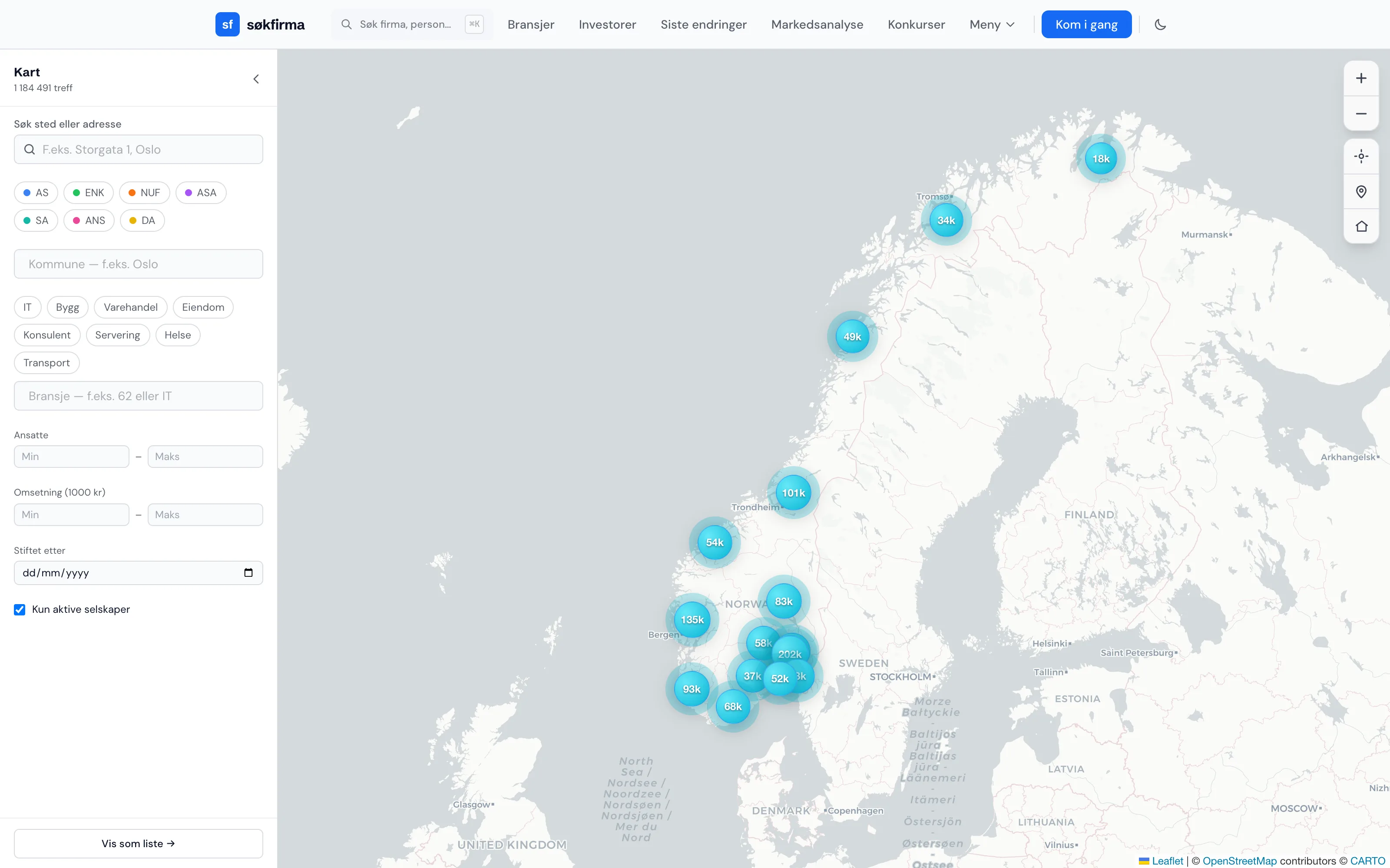 Norgeskart med antall selskaper per region
