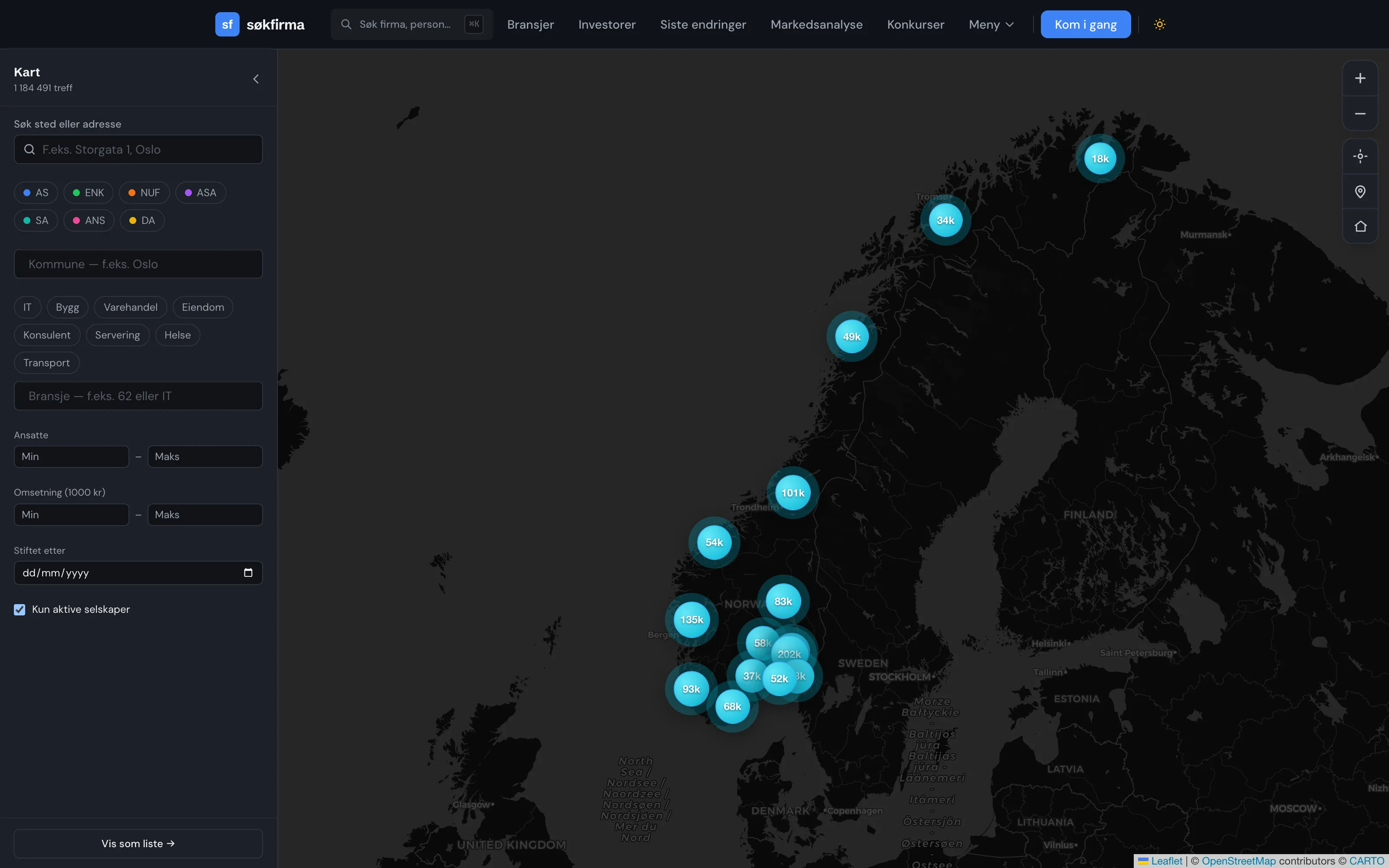 Norgeskart med antall selskaper per region