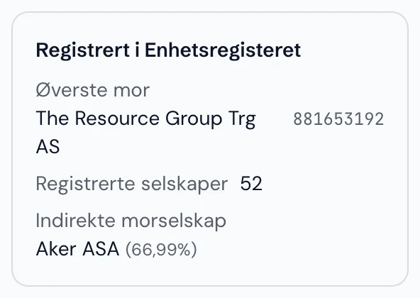 Faktakort som viser øverste mor, antall registrerte selskaper og indirekte morselskap