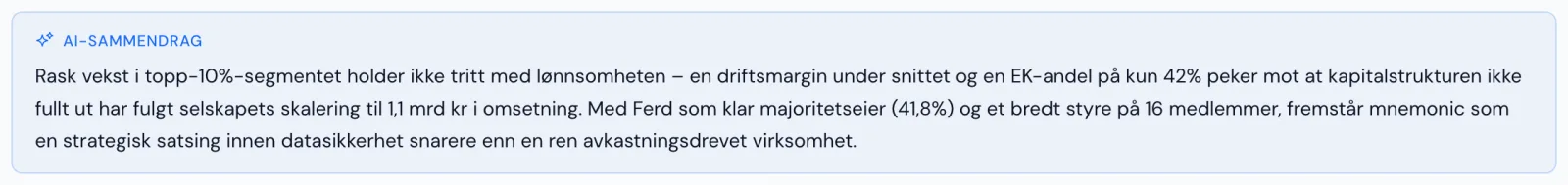 AI-sammendrag på selskapssiden til mnemonic AS med vurdering av vekst, lønnsomhet og eierstruktur