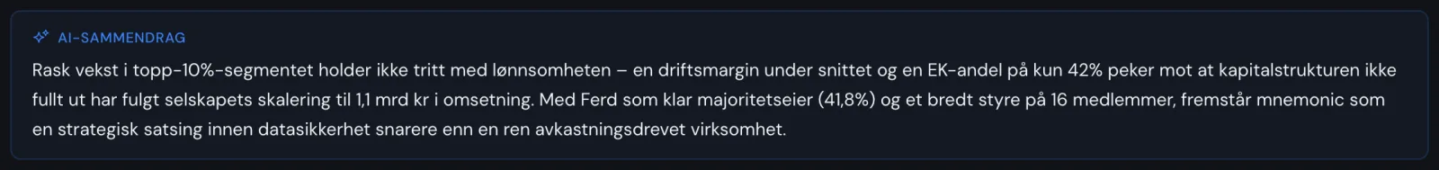 AI-sammendrag på selskapssiden til mnemonic AS med vurdering av vekst, lønnsomhet og eierstruktur