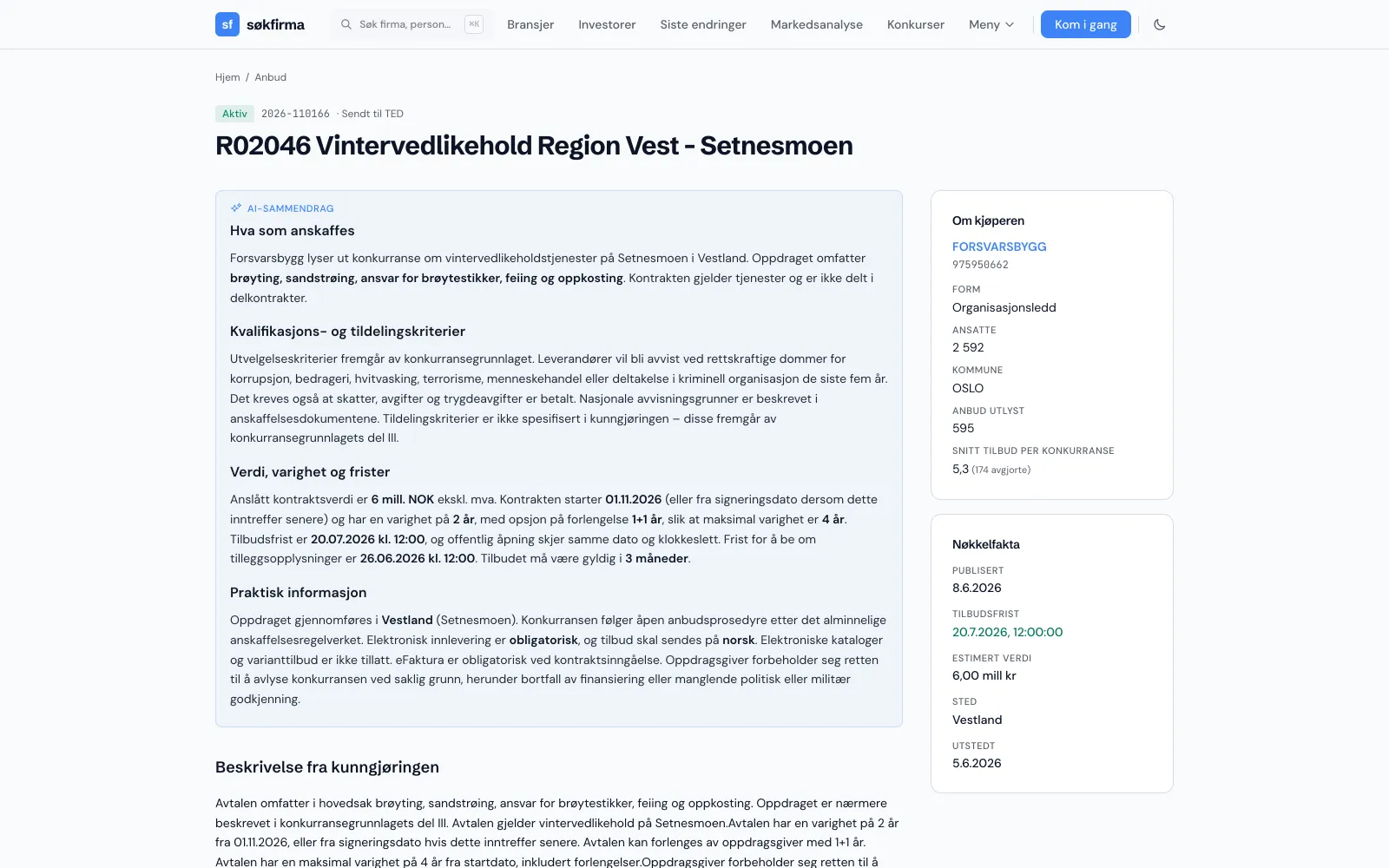 Anbudsside med AI-sammendrag som oppsummerer hva som anskaffes, kriterier, verdi og frister