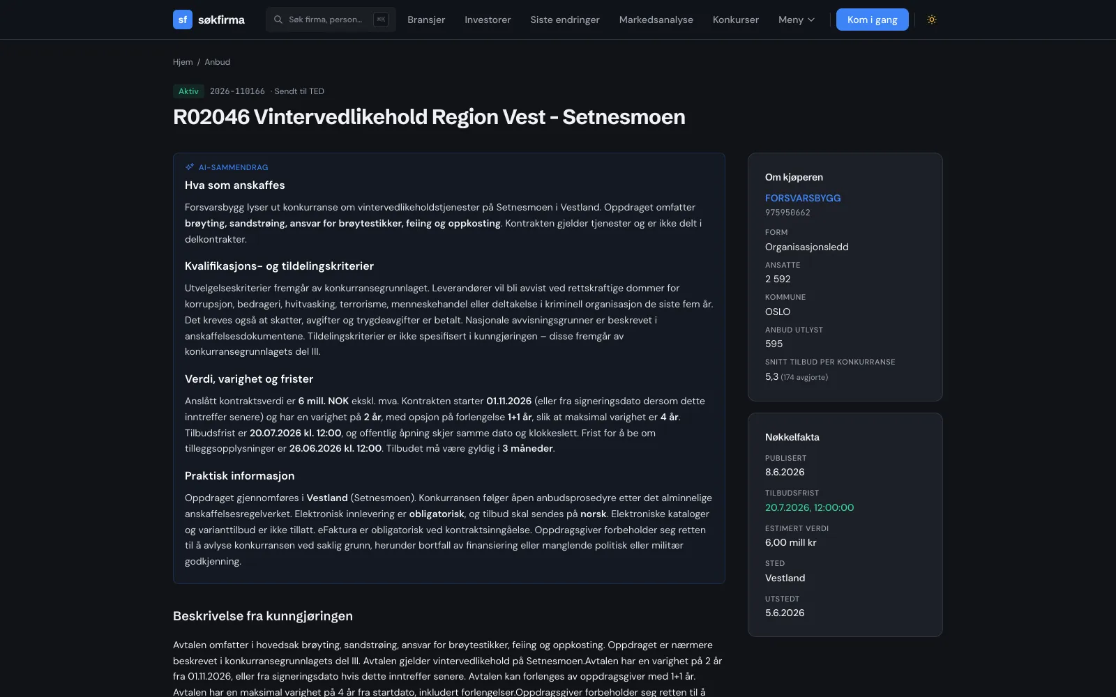 Anbudsside med AI-sammendrag som oppsummerer hva som anskaffes, kriterier, verdi og frister