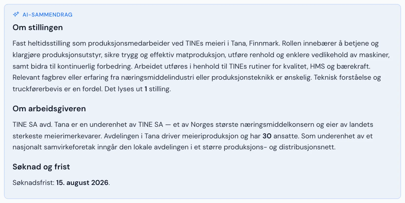 Stillingsannonse med AI-sammendrag om stillingen og om arbeidsgiveren