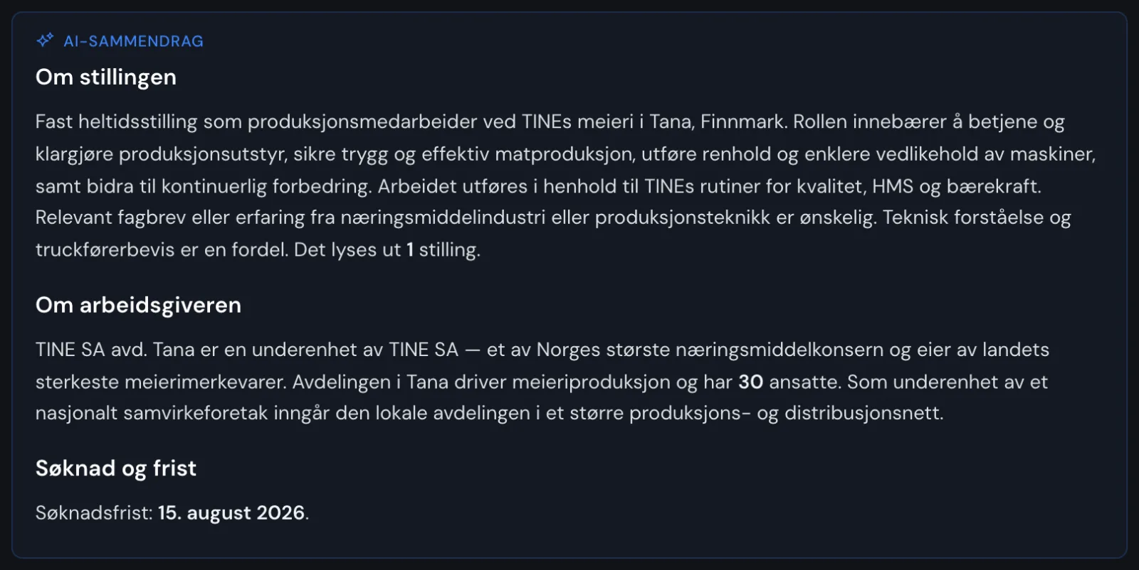 Stillingsannonse med AI-sammendrag om stillingen og om arbeidsgiveren