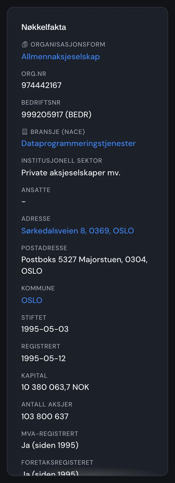 Nøkkelfakta-kortet med organisasjonsform, bransje, ansatte, adresse og registerstatus for et selskap