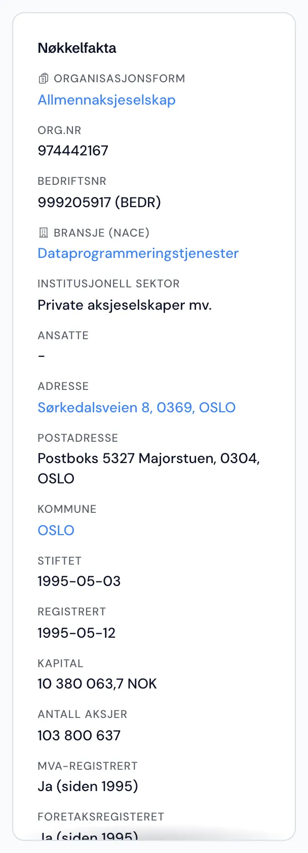 Nøkkelfakta-kortet med organisasjonsform, bransje, ansatte, adresse og registerstatus for et selskap