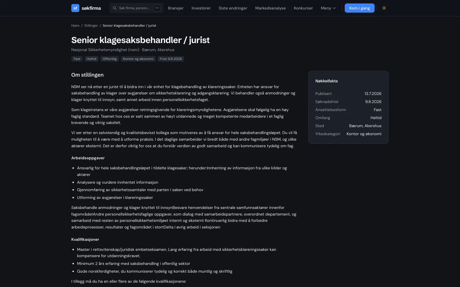 En stillingsside med AI-sammendrag, nøkkelfakta, seksjonen Om arbeidsgiveren med regnskapstall og søkeknapp
