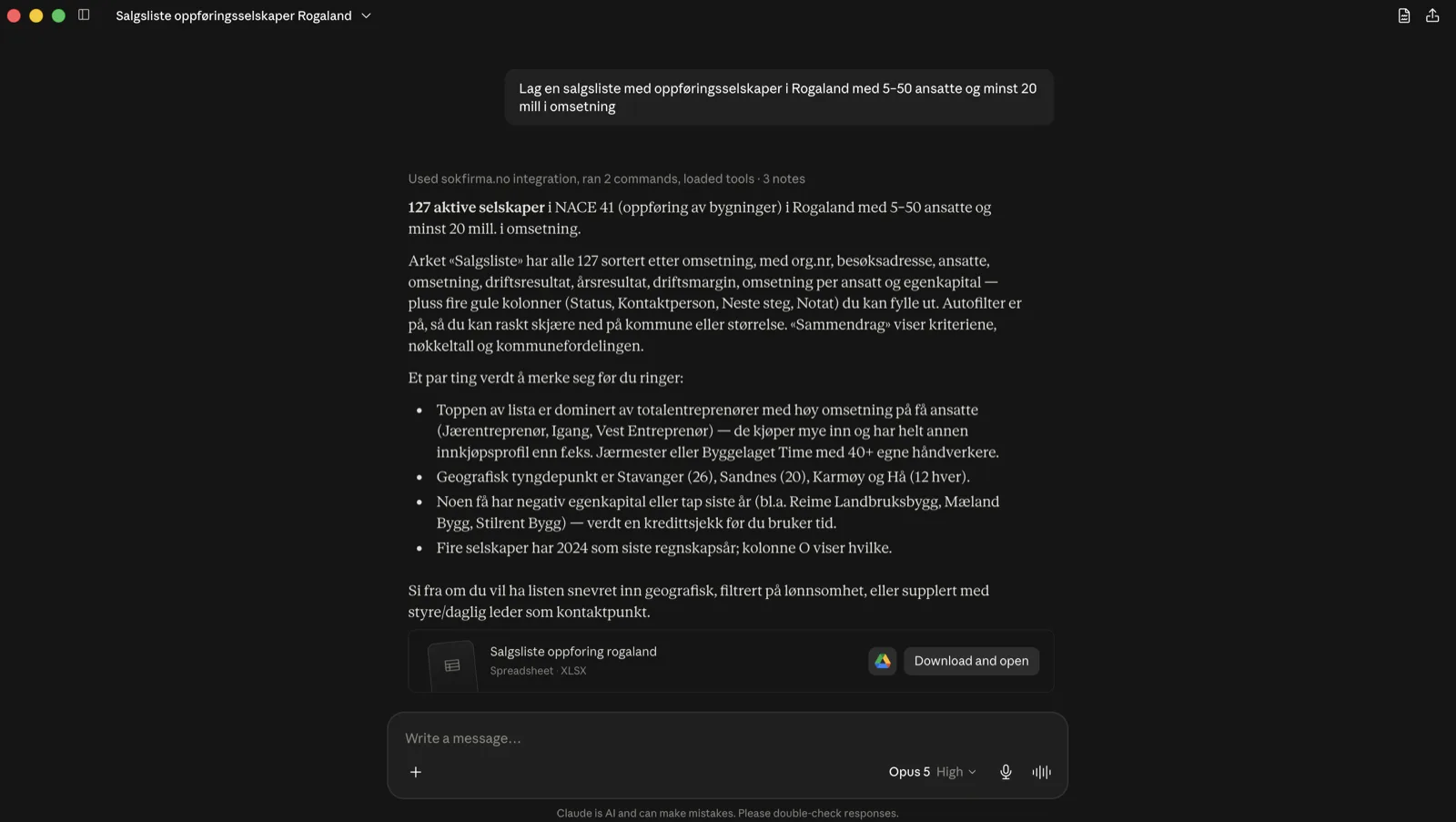 Claude med sokfirma-connector lager en salgsliste over oppføringsselskaper i Rogaland og leverer den som Excel-fil